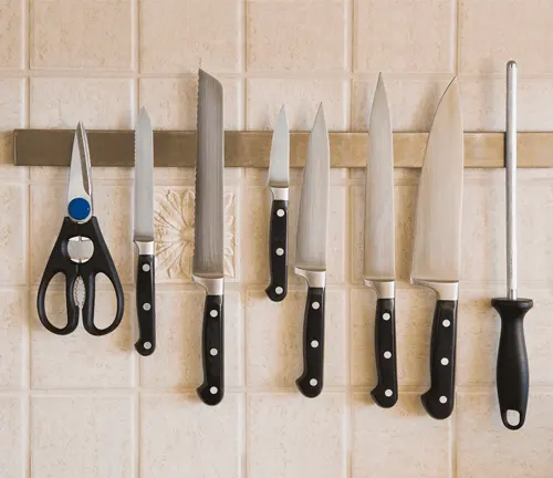 A set of clean knives and scissors neatly hung on a magnetic rack