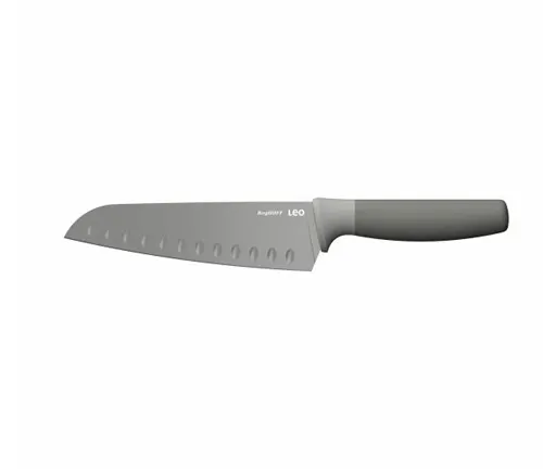 Santoku knife with a grey handle and dimpled blade, labeled ‘BergHOFF LEO’, showcasing ergonomic design and balance