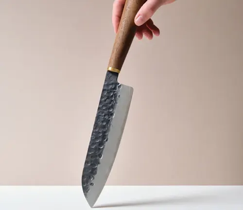 Hand holding a Santoku knife with a wooden handle and a large, shiny blade against a light background